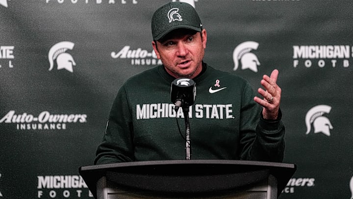 Michigan State head coach Jonathan Smith speaks at the post game press conference after 31-20 loss to Michigan at Spartan Stadium in East Lansing on Saturday, October 25, 2025.