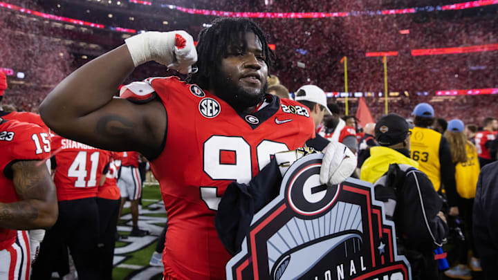 Jan 9, 2023; Inglewood, CA, USA; Georgia Bulldogs defensive lineman Bear Alexander (99) celebrates after defeating the TCU Horned Frogs during the CFP national championship game at SoFi Stadium. 