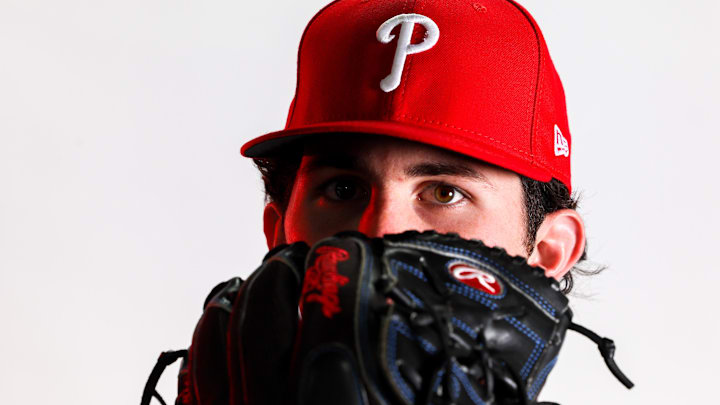 Feb 23, 2023; Clearwater, FL, USA; Philadelphia Phillies pitcher Andrew Painter (76) during photo day at BayCare Ballpark.