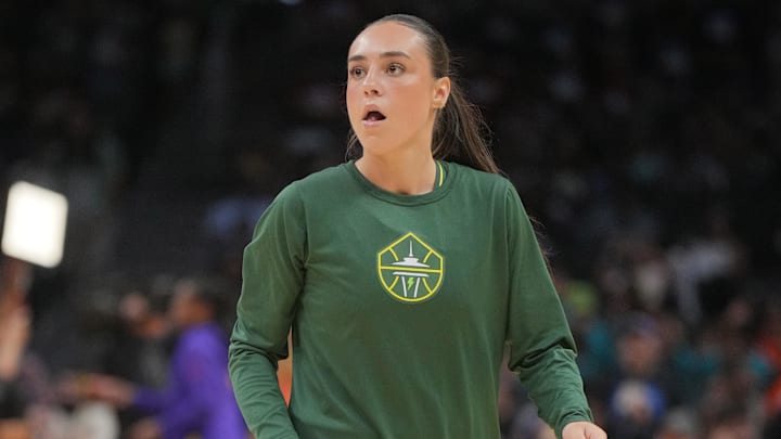 Jul 16, 2024; Los Angeles, California, USA; Seattle Storm guard Nika Muhl during the game against the LA Sparks at Crypto.com Arena. Mandatory Credit: Kirby Lee-Imagn Images Jul 16, 2024; Los Angeles, California, USA; Seattle Storm guard Nika Muhl during the game against the LA Sparks at Crypto.com Arena. Mandatory Credit: Kirby Lee-Imagn Images