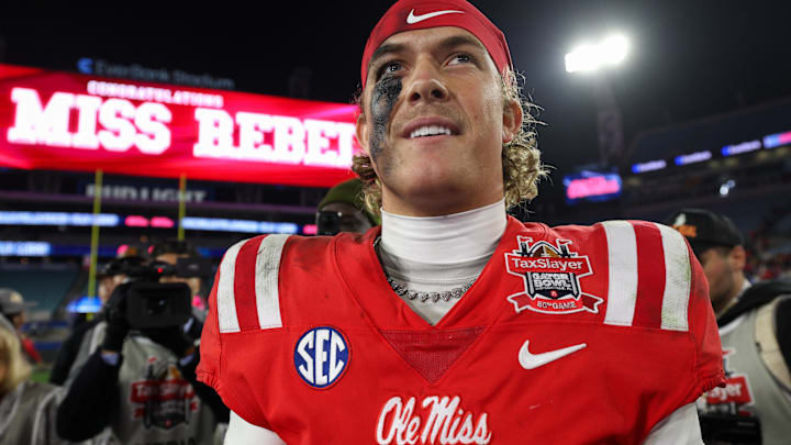 Jan 2, 2025; Jacksonville, FL, USA; Mississippi Rebels quarterback Jaxson Dart (2) celebrates after beating the Duke Blue Devils in the Gator Bowl at EverBank Stadium. Mandatory Credit: Nathan Ray Seebeck-Imagn Images Jan 2, 2025; Jacksonville, FL, USA; Mississippi Rebels quarterback Jaxson Dart (2) celebrates after beating the Duke Blue Devils in the Gator Bowl at EverBank Stadium. Mandatory Credit: Nathan Ray Seebeck-Imagn Images