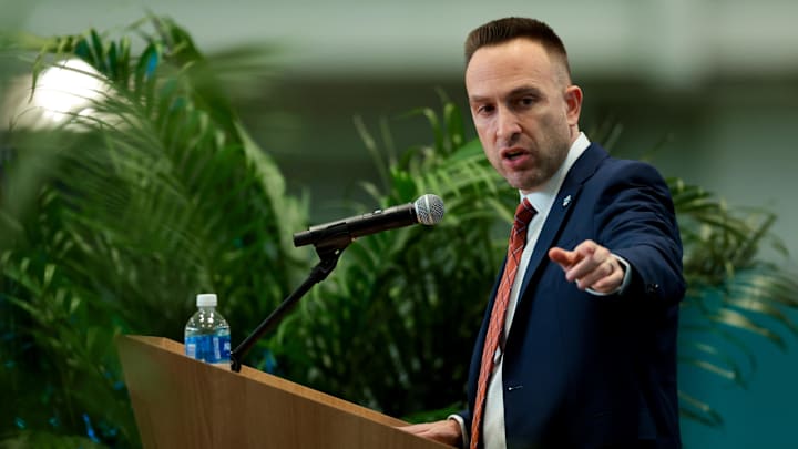 Miami Dolphins head coach Jeff Hafley speaks to reporters during his introductory press conference at Baptist Health Training Complex. 