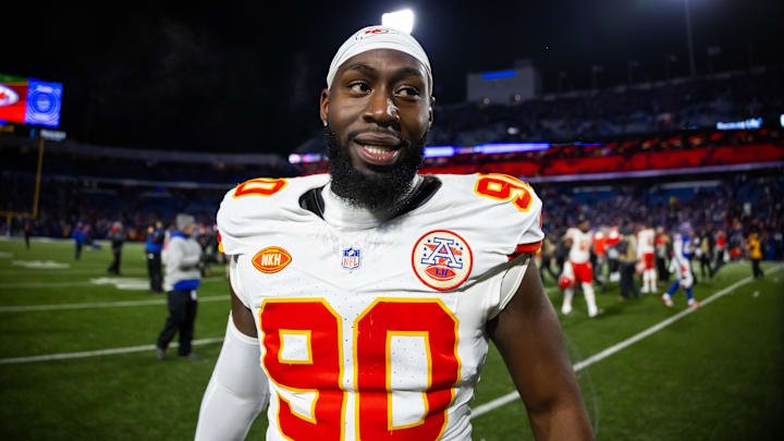 Jan 21, 2024; Orchard Park, New York, USA; Kansas City Chiefs defensive end Charles Omenihu (90) against the Buffalo Bills in the 2024 AFC divisional round game at Highmark Stadium. Mandatory Credit: Mark J. Rebilas-Imagn Images
