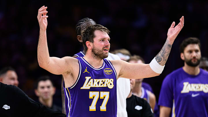 Mar 27, 2026; Los Angeles, California, USA; Los Angeles Lakers guard Luka Doncic (77) reacts during the second half against the Brooklyn Nets at Crypto.com Arena. Mandatory Credit: William Liang-Imagn Images Mar 27, 2026; Los Angeles, California, USA; Los Angeles Lakers guard Luka Doncic (77) reacts during the second half against the Brooklyn Nets at Crypto.com Arena. Mandatory Credit: William Liang-Imagn Images