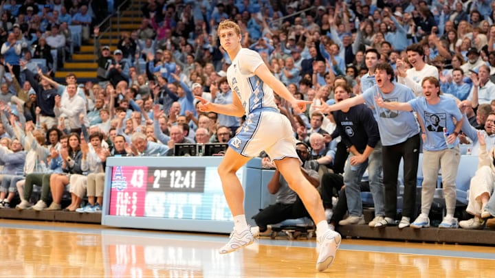 Nov 15, 2024; Chapel Hill, North Carolina, USA; North Carolina Tar Heels guard Cade Tyson (5) reacts after hitting a three point shot in the second half at Dean E. Smith Center. Mandatory Credit: Bob Donnan-Imagn Images