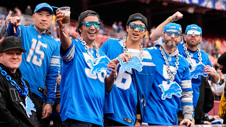 Detroit Lions fans cheer on as they watch warmup ahead of the Washington Commanders game at Northwest Stadium in Landover, Md. on Sunday, November 9, 2025.