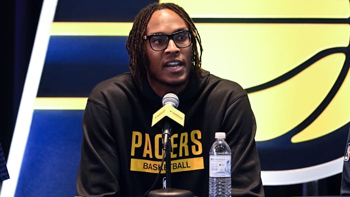 Jan 30, 2023; Indianapolis, IN, USA;  Indiana Pacers center Miles Turner talks during a press conference announcing his contract extension at Gainsbridge Fieldhouse.  Mandatory Credit: Marc Lebryk-Imagn Images