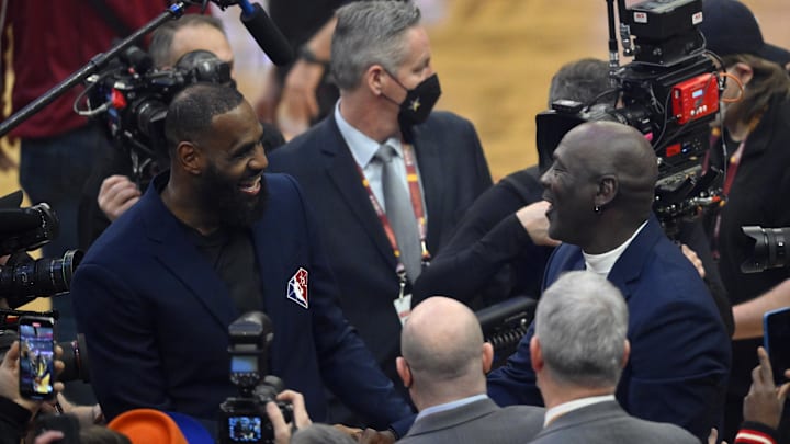 Feb 20, 2022; Cleveland, Ohio, USA; Lebron James and Michael Jordan on court during halftime during the 2022 NBA All-Star Game at Rocket Mortgage FieldHouse. Mandatory Credit: David Richard-Imagn Images Feb 20, 2022; Cleveland, Ohio, USA; Lebron James and Michael Jordan on court during halftime during the 2022 NBA All-Star Game at Rocket Mortgage FieldHouse. Mandatory Credit: David Richard-Imagn Images