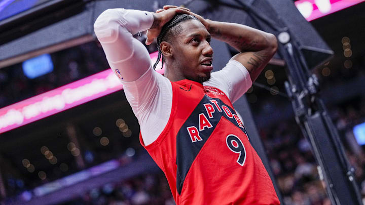 Apr 12, 2026; Toronto, Ontario, CAN; Toronto Raptors RJ Barrett (9) reacts during a NBA game against the Brooklyn Nets during the second half at Scotiabank Arena. Mandatory Credit: Kevin Sousa-Imagn Images