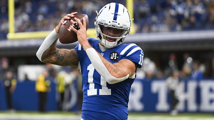 Oct 26, 2025; Indianapolis, Indiana, USA; Indianapolis Colts wide receiver Michael Pittman Jr. (11) warms up before the game against the Tennessee Titans at Lucas Oil Stadium. Oct 26, 2025; Indianapolis, Indiana, USA; Indianapolis Colts wide receiver Michael Pittman Jr. (11) warms up before the game against the Tennessee Titans at Lucas Oil Stadium.