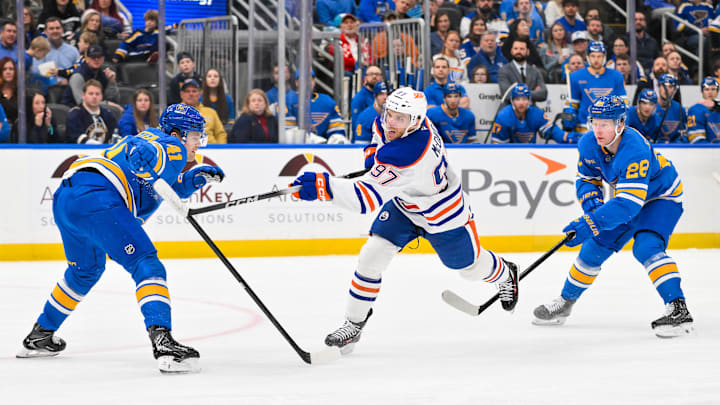 Mar 13, 2026; St. Louis, Missouri, USA; Edmonton Oilers center Connor McDavid (97) shoots and scores against the St. Louis Blues during the third period at Enterprise Center. Mandatory Credit: Jeff Curry-Imagn Images