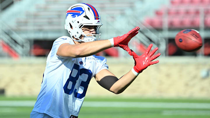 Jul 23, 2025; Rochester, NY, USA; Buffalo Bills tight end Keleki Latu (83) catches a pass during training camp at St. John Fisher University. 