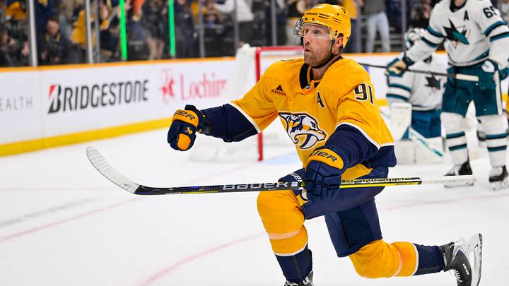 Oct 15, 2026; Nashville, Tennessee, USA; Nashville Predators center Steven Stamkos (91) celebrates his goal against the San Jose Sharks during the third period at Bridgestone Arena. Mandatory Credit: Steve Roberts-Imagn Images Oct 15, 2026; Nashville, Tennessee, USA; Nashville Predators center Steven Stamkos (91) celebrates his goal against the San Jose Sharks during the third period at Bridgestone Arena. Mandatory Credit: Steve Roberts-Imagn Images