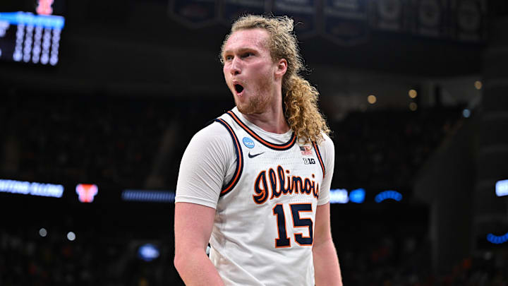 Mar 28, 2026; Houston, TX, USA; Illinois Fighting Illini forward Jake Davis (15) reacts in the second half against the Iowa Hawkeyes during an Elite Eight game of the South Regional of the men's 2026 NCAA Tournament at Toyota Center. Mandatory Credit: Maria Lysaker-Imagn Images Mar 28, 2026; Houston, TX, USA; Illinois Fighting Illini forward Jake Davis (15) reacts in the second half against the Iowa Hawkeyes during an Elite Eight game of the South Regional of the men's 2026 NCAA Tournament at Toyota Center. Mandatory Credit: Maria Lysaker-Imagn Images
