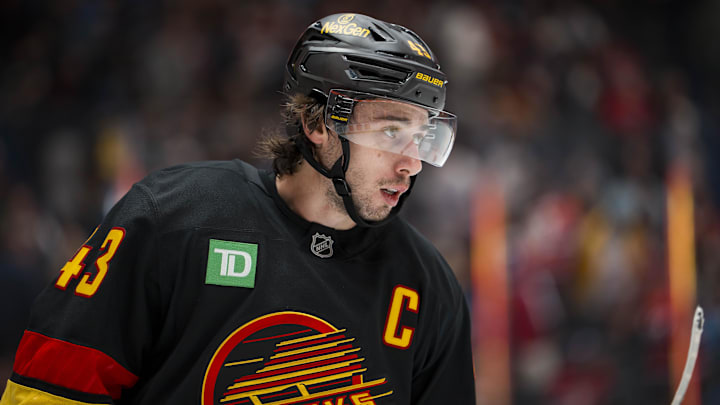Oct 25, 2025; Vancouver, British Columbia, CAN; Vancouver Canucks defenseman Quinn Hughes (43) during a stop in play against the Montreal Canadiens in the first period at Rogers Arena. Mandatory Credit: Bob Frid-Imagn Images Oct 25, 2025; Vancouver, British Columbia, CAN; Vancouver Canucks defenseman Quinn Hughes (43) during a stop in play against the Montreal Canadiens in the first period at Rogers Arena. Mandatory Credit: Bob Frid-Imagn Images