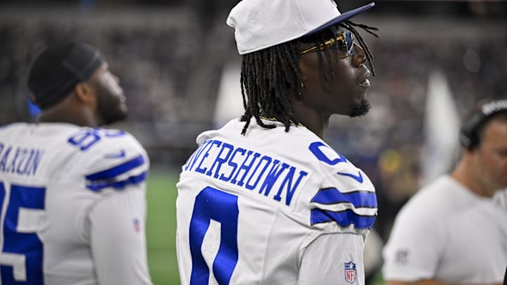 Dallas Cowboys linebacker DeMarvion Overshown looks on before the game between the Dallas Cowboys and the Baltimore Ravens.