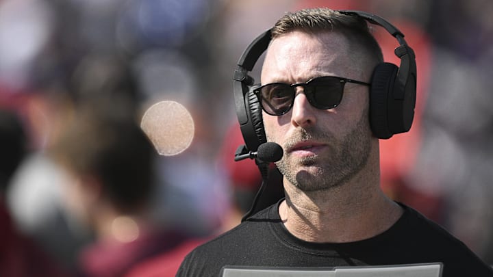 Oct 13, 2024; Baltimore, Maryland, USA;  Washington Commanders offensive coordinator Kliff Kingsbury on the sidelines during the first half against the Baltimore Ravens at M&T Bank Stadium. Mandatory Credit: Tommy Gilligan-Imagn Images