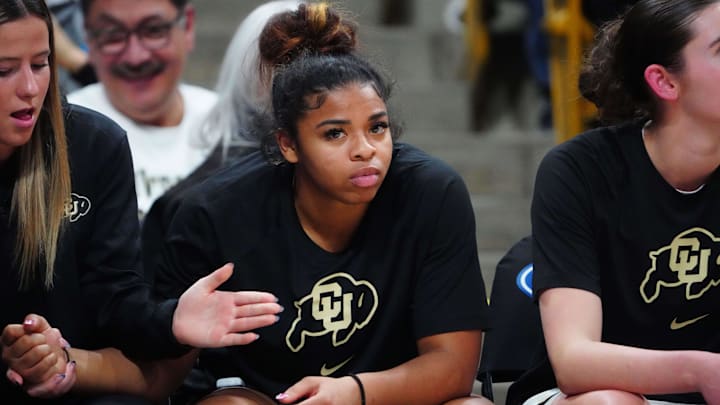 Jan 19, 2024; Boulder, Colorado, USA; Colorado Buffaloes guard Shelomi Sanders (22) on the bench in