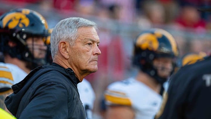 Oct 11, 2025; Madison, Wisconsin, USA; Iowa Hawkeyes head coach Kirk Ferentz eyes the field before a game against the Wisconsin Badgers at Camp Randall Stadium.