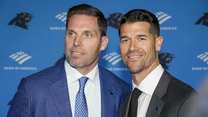 Feb 1, 2024; Charlotte, NC, USA;  Carolina Panthers new general manager Dan Morgan and new head