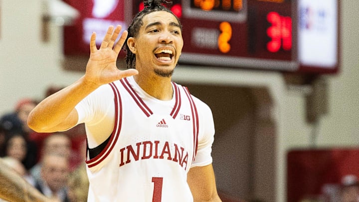 Indiana's Myles Rice (1) directs the offense during the Indiana versus Southern Illinois University Edwardsville men's basketball game at Simon Skjodt Assembly Hall on Wednesday, Nov. 6, 2024.