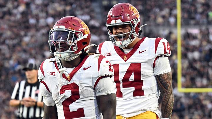 Sep 13, 2025; West Lafayette, Indiana, USA; USC Trojans running back Waymond Jordan (2) and USC Trojans quarterback Jayden Maiava (14) celebrate a touchdown during the second quarter against the Purdue Boilermakers at Ross-Ade Stadium. Mandatory Credit: Marc Lebryk-Imagn Images Sep 13, 2025; West Lafayette, Indiana, USA; USC Trojans running back Waymond Jordan (2) and USC Trojans quarterback Jayden Maiava (14) celebrate a touchdown during the second quarter against the Purdue Boilermakers at Ross-Ade Stadium. Mandatory Credit: Marc Lebryk-Imagn Images