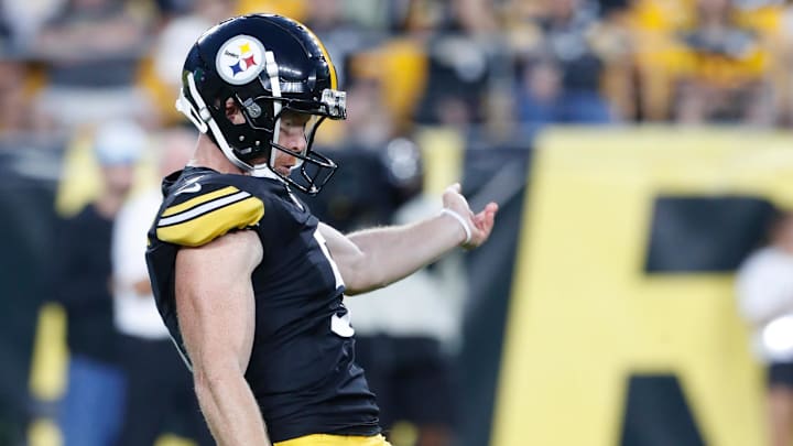 Aug 17, 2024; Pittsburgh, Pennsylvania, USA;  Pittsburgh Steelers punter Cameron Johnston (5) punts the ball to the Buffalo Bills during the second quarter at Acrisure Stadium. Mandatory Credit: Charles LeClaire-Imagn Images