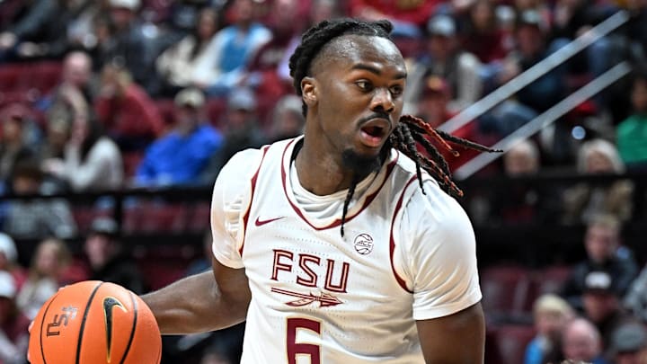 Jan 31, 2026; Tallahassee, Florida, USA; Florida State Seminoles guard Robert McCray (6) drives to the net during the second half against the Stanford Cardinal during the second half at Donald L. Tucker Center. Mandatory Credit: Melina Myers-Imagn Images