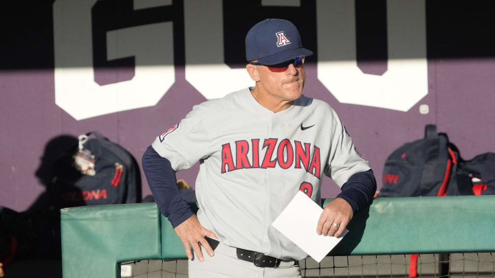 Mar 29, 2022; Phoenix, Arizona, USA; Arizona head coach Chip Hale waits to play against Grand Canyon at Grand Canyon baseball park. Mar 29, 2022; Phoenix, Arizona, USA; Arizona head coach Chip Hale waits to play against Grand Canyon at Grand Canyon baseball park.