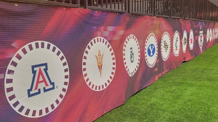 The Big 12 school's logos on display at the Big 12 Conference's Media Day on July 10, 2024. The Big 12 school's logos on display at the Big 12 Conference's Media Day on July 10, 2024.