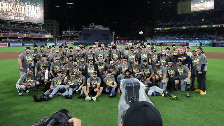 Oct 7, 2026; San Diego, California, USA; The Milwaukee Brewers pose for a photo after the game against the San Diego Padres in game four of the NLDS for the 2026 MLB Playoffs at Petco Park. Mandatory Credit: David Frerker-Imagn Images Oct 7, 2026; San Diego, California, USA; The Milwaukee Brewers pose for a photo after the game against the San Diego Padres in game four of the NLDS for the 2026 MLB Playoffs at Petco Park. Mandatory Credit: David Frerker-Imagn Images