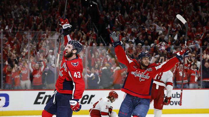 Tom Wilson, Nic Dowd, Washington Capitals Mandatory Credit: Geoff Burke-Imagn Images