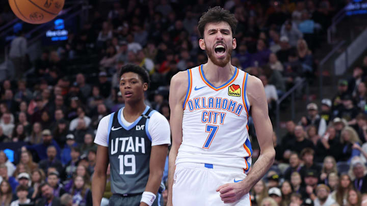 Dec 7, 2025; Salt Lake City, Utah, USA; Oklahoma City Thunder center Chet Holmgren (7) reacts after a dunk against the Utah Jazz during the second quarter at Delta Center. Mandatory Credit: Rob Gray-Imagn Images Dec 7, 2025; Salt Lake City, Utah, USA; Oklahoma City Thunder center Chet Holmgren (7) reacts after a dunk against the Utah Jazz during the second quarter at Delta Center. Mandatory Credit: Rob Gray-Imagn Images