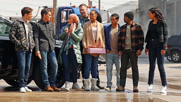 9-1-1: LONE STAR: L-R: Ronen Rubinstein, Rob Lowe, Natacha Karam, Jim Parrack, Gina Torres, Julian Works, Brian Michael Smith and Brianna Baker in the “Push” episode of 9-1-1: LONE STAR airing Monday, Jan. 31 (8:00-9:01 PM ET/PT) on FOX. © 2022 Fox Media LLC. CR: Jordin Althaus/FOX.