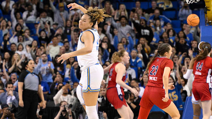 Mar 23, 2025; Los Angeles, California, USA; UCLA Bruins guard Kiki Rice (1) celebrates hitting a 3-point basket during the third quarter against the Richmond Spiders during an NCAA Tournament second round game at Pauley Pavilion presented by Wescom. Mandatory Credit: Robert Hanashiro-Imagn Images
