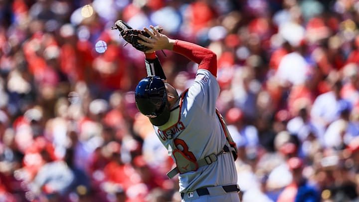 Aug 31, 2025; Cincinnati, Ohio, USA; St. Louis Cardinals catcher Jimmy Crooks (8) catches a pop up hit by Cincinnati Reds third baseman Ke'Bryan Hayes (not pictured) in the third inning at Great American Ball Park. Mandatory Credit: Katie Stratman-Imagn Images