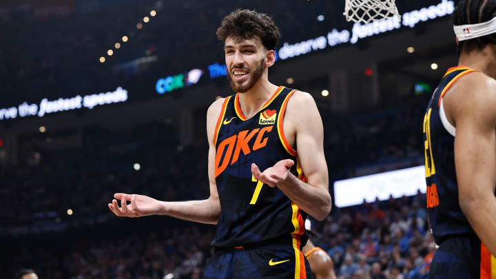 Apr 14, 2024; Oklahoma City, Oklahoma, USA; Oklahoma City Thunder forward Chet Holmgren (7) reacts to an officials call after a play against the Dallas Mavericks during the second quarter at Paycom Center. Mandatory Credit: Alonzo Adams-USA TODAY Sports