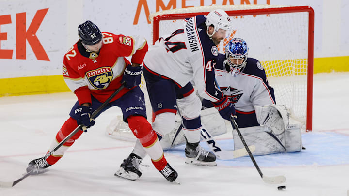 Erik Gudbranson plays the puck in front of the net against the Florida Panthers