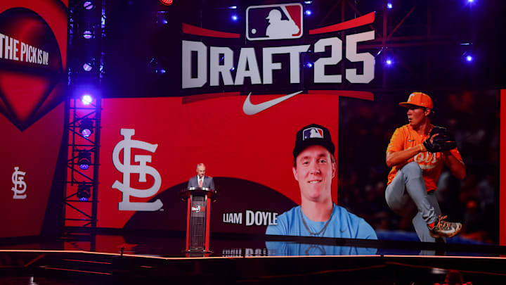 Jul 13, 2025; Atlanta, GA, USA; Liam Doyle is drafted by the St. Louis Cardinals with the fifth pick during the first round of the MLB Draft at The Coca-Cola Roxy. Mandatory Credit: Brett Davis-Imagn Images
