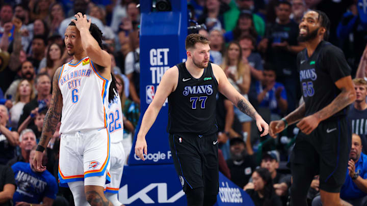 May 18, 2024; Dallas, Texas, USA;  Dallas Mavericks guard Luka Doncic (77) reacts in front of
