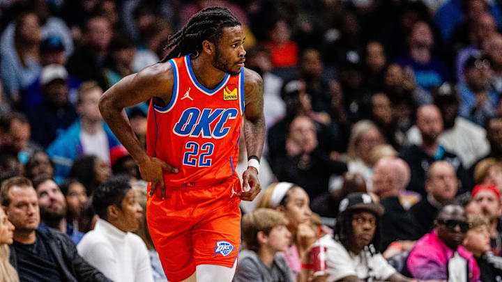 Apr 7, 2024; Charlotte, North Carolina, USA; Oklahoma City Thunder guard Cason Wallace (22) celebrates a three point basket against the Charlotte Hornets during the fourth quarter at Spectrum Center. Mandatory Credit: Scott Kinser-Imagn Images Apr 7, 2024; Charlotte, North Carolina, USA; Oklahoma City Thunder guard Cason Wallace (22) celebrates a three point basket against the Charlotte Hornets during the fourth quarter at Spectrum Center. Mandatory Credit: Scott Kinser-Imagn Images