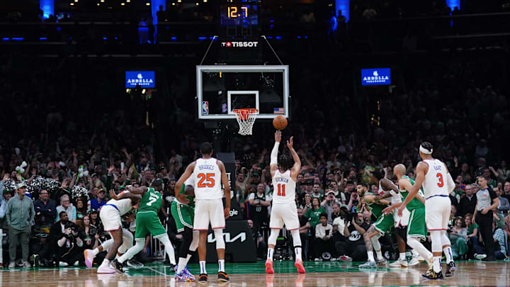 New York Knicks guard Jalen Brunson shoots a free-throw for the winning point against the Boston Celtics. Mandatory Credit: David Butler II-Imagn Images