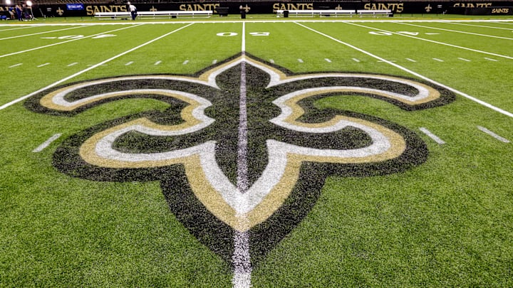 Oct 30, 2022; New Orleans, Louisiana, USA;  General view of the New Orleans Saints logo as the midfield logo fleur-de-lis after the game between the New Orleans Saints and the Las Vegas Raiders at Caesars Superdome. Mandatory Credit: Stephen Lew-Imagn Images
