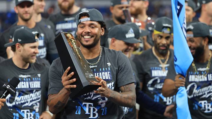 Oct 19, 2026; St. Petersburg, Florida, USA;  Tampa Bay Rays pitcher Freddy Peralta (51) reacts after defeating the Cleveland Guardians in game six of the ALCS to advance to the World Series for the 2026 MLB Playoffs at Tropicana Field.  Mandatory Credit: Kim Klement Neitzel-Imagn Images