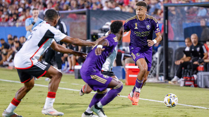 Sep 28, 2024; Frisco, Texas, USA; Orlando City defender Rafael Santos (3) brings the ball up the sideline during the second half against FC Dallas at Toyota Stadium. Mandatory Credit: Andrew Dieb-Imagn Images