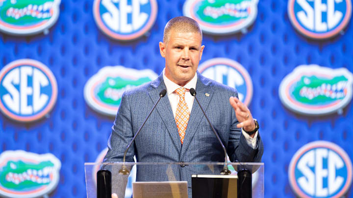 Jul 17, 2024; Dallas, TX, USA; Florida head coach Billy Napier speaking at Omni Dallas Hotel. Mandatory Credit: Brett Patzke-Imagn Images