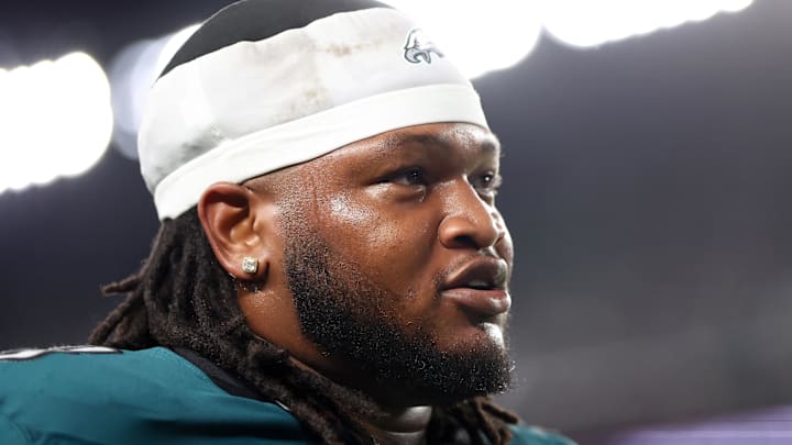 Sep 4, 2025; Philadelphia, Pennsylvania, USA; Philadelphia Eagles defensive tackle Jalen Carter (98) walks off the field after being ejected during the first quarter of the game against the Dallas Cowboys at Lincoln Financial Field. Mandatory Credit: Bill Streicher-Imagn Images