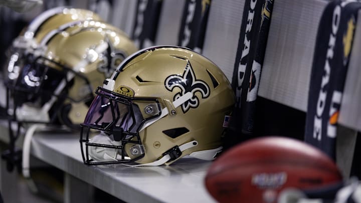 Nov 5, 2023; New Orleans, Louisiana, USA;  Detailed view of the New Orleans Saints helmets on the team bench against the Chicago Bears during the first half at the Caesars Superdome. Mandatory Credit: Stephen Lew-Imagn Images