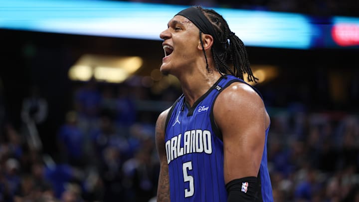 Apr 15, 2025; Orlando, Florida, USA; Orlando Magic forward Paolo Banchero (5) reacts after a play against the Atlanta Hawks in the fourth quarter at Kia Center. Mandatory Credit: Nathan Ray Seebeck-Imagn Images Apr 15, 2025; Orlando, Florida, USA; Orlando Magic forward Paolo Banchero (5) reacts after a play against the Atlanta Hawks in the fourth quarter at Kia Center. Mandatory Credit: Nathan Ray Seebeck-Imagn Images