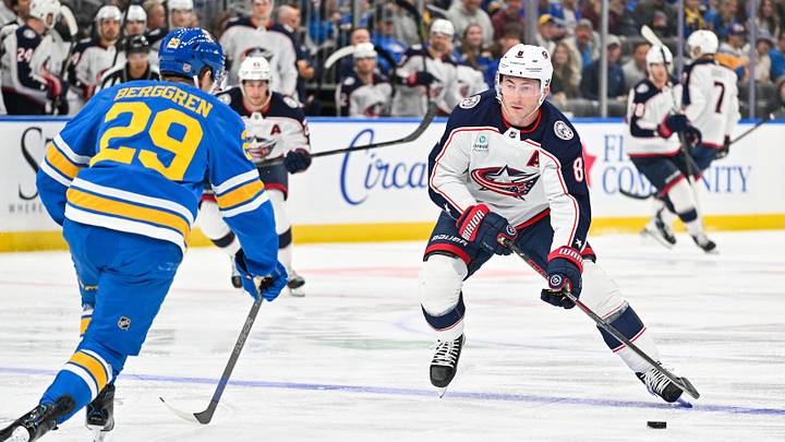 Oct 10, 2026; St. Louis, Missouri, USA; Columbus Blue Jackets defenseman Zach Werenski (8) controls the puck against the St. Louis Blues during the first period at Enterprise Center. Mandatory Credit: Jeff Curry-Imagn Images Oct 10, 2026; St. Louis, Missouri, USA; Columbus Blue Jackets defenseman Zach Werenski (8) controls the puck against the St. Louis Blues during the first period at Enterprise Center. Mandatory Credit: Jeff Curry-Imagn Images
